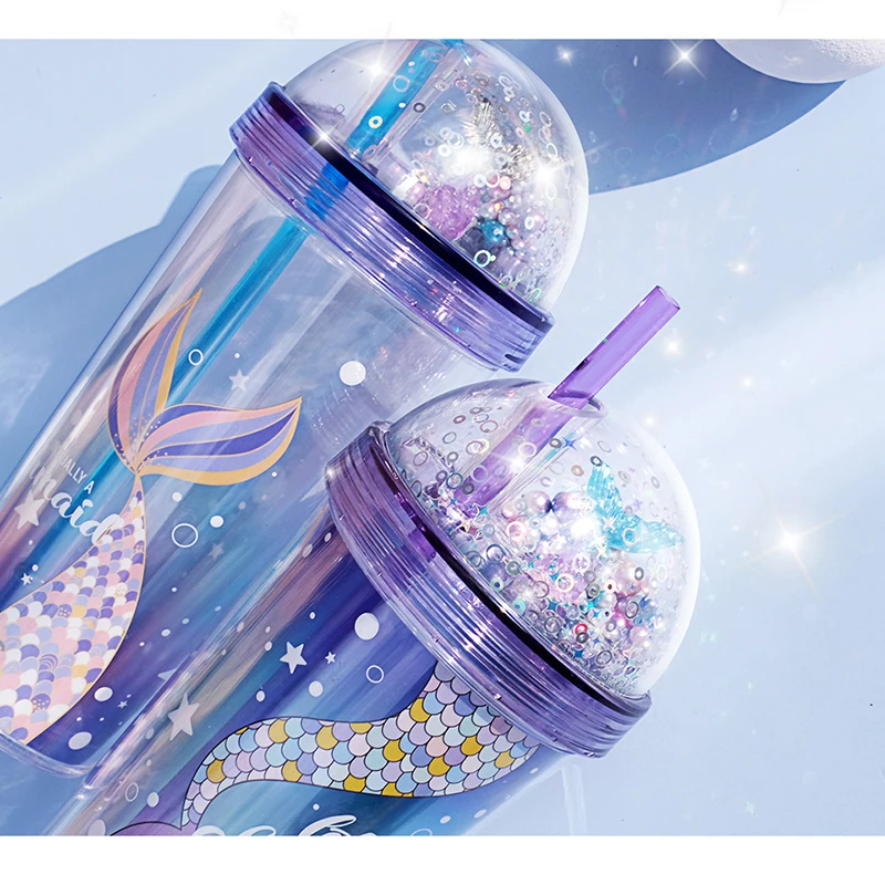 

Water Cup Creative Straw Mermaid Plastic Cup BPA Free with Sealing Cover Double-Layer Heat Cold Insulation Reusable Tumbler Cup