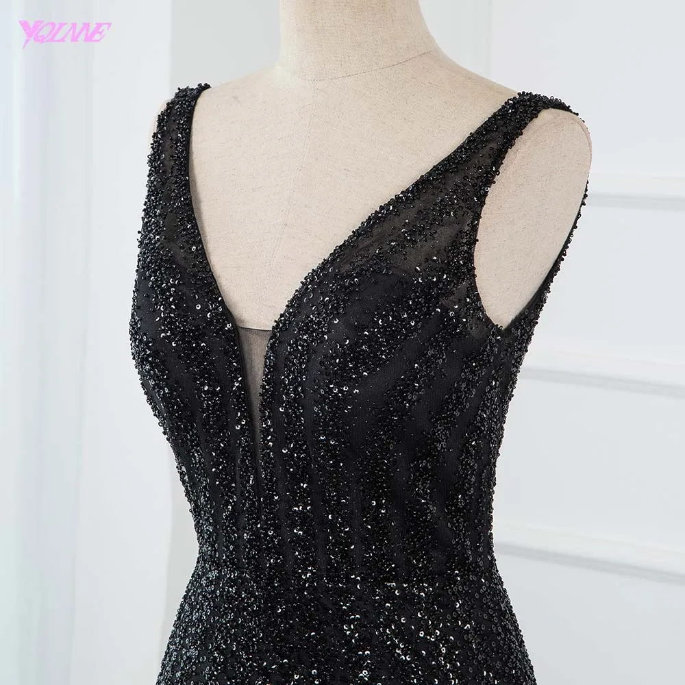 Сексуальные черные вечерние платья YQLNNE с V-образным вырезом и бисером длинное