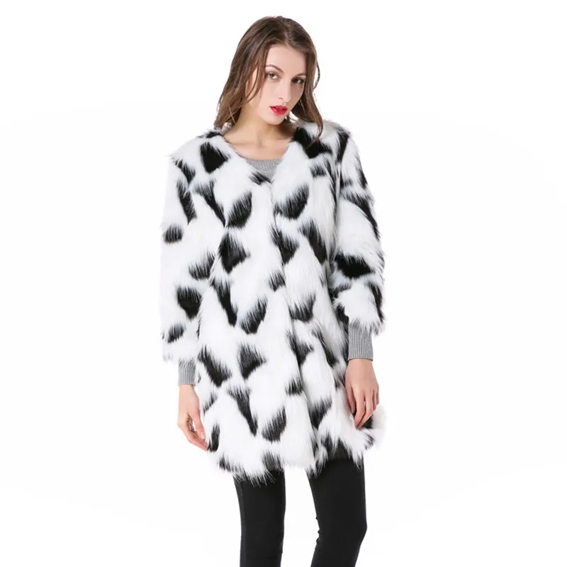 Fashion Sexy V Neck Camouflage Imitation Fur Coat Korean Style Black White Long Hair Women's Long Coat