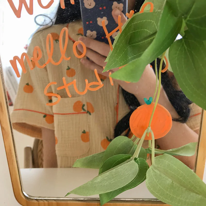 

Summer Sweet Orange Print Pajamas Set Women Cute Cartoon Casual Homewear Lapel Short Sleeve Shirt+Shorts Sleepwear Pocket