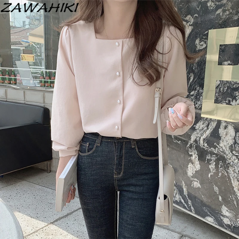 

ZAWAHIKI Shirt Female Autumn 2021 New Korean Chic Shirts Retro Temperament Blusas Mujer Square Collar Long Sleeve French Blouse