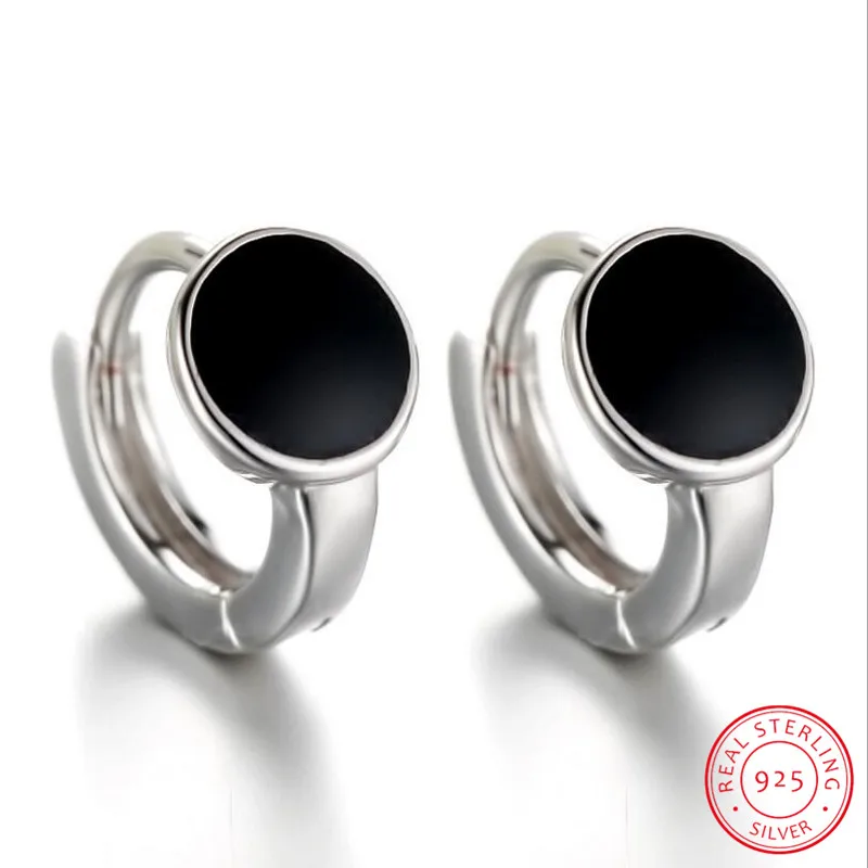 

925 стерлингового серебра круглые серьги черный винил пятно высокое качество серьги для женщин орнамент Модный Ювелирный S-E170