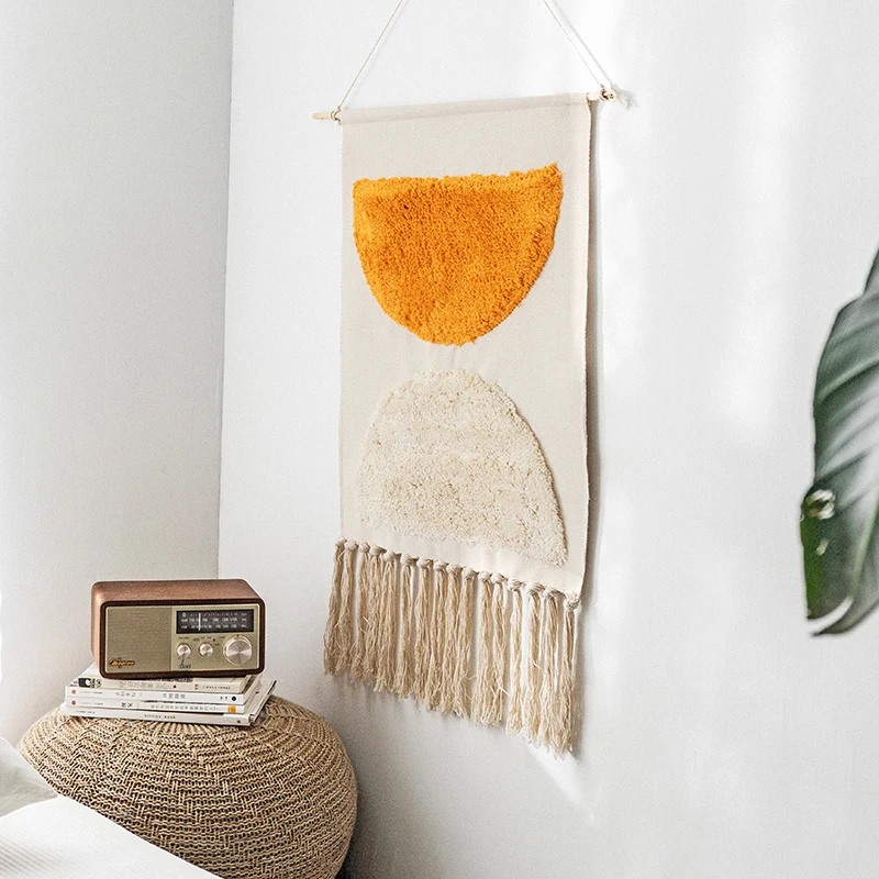 Tapiz de macram&eacute; de algod&oacute;n y lino con estampado de borlas, tejido a mano, bohemio, decoraci&oacute;n de pared, accesorios de decoraci&oacute;n para habitaciones, 98x50cm-0