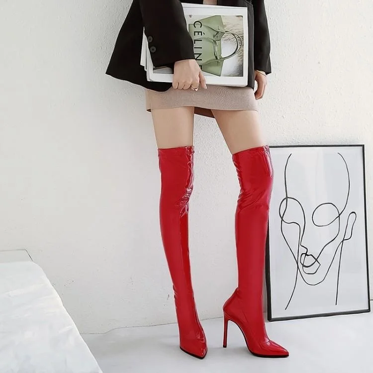 2021 Spring and Summer New Sexy Stiletto High Heels Knee Boots Red Patent Leather Elastic Women's Large 43