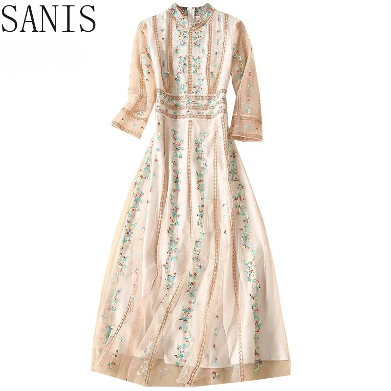 

Sanis Summer Vintage Mesh Floral Embroidery Dress Women's Half Sleeve Retro Holiday Overlay Long Party Dresses