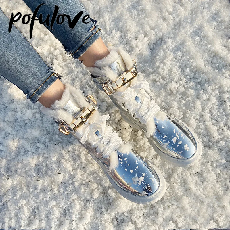 

Зимние ботинки Pofulove из лакированной кожи, женская зимняя обувь, водонепроницаемые Меховые Ботинки, Ботильоны, черные, белые ботинки на плоской подошве