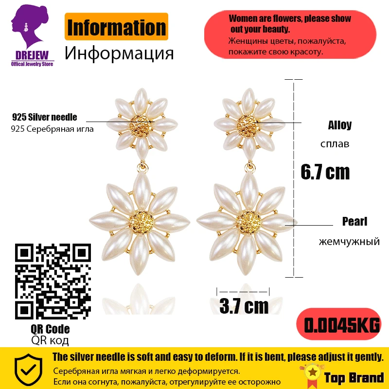 

DREJEW Big Small Pearl Flower Statement Gold Earrings Daily Cute 925 Alloy Long Short Plant Stud Earrings Women Wedding Jewelry