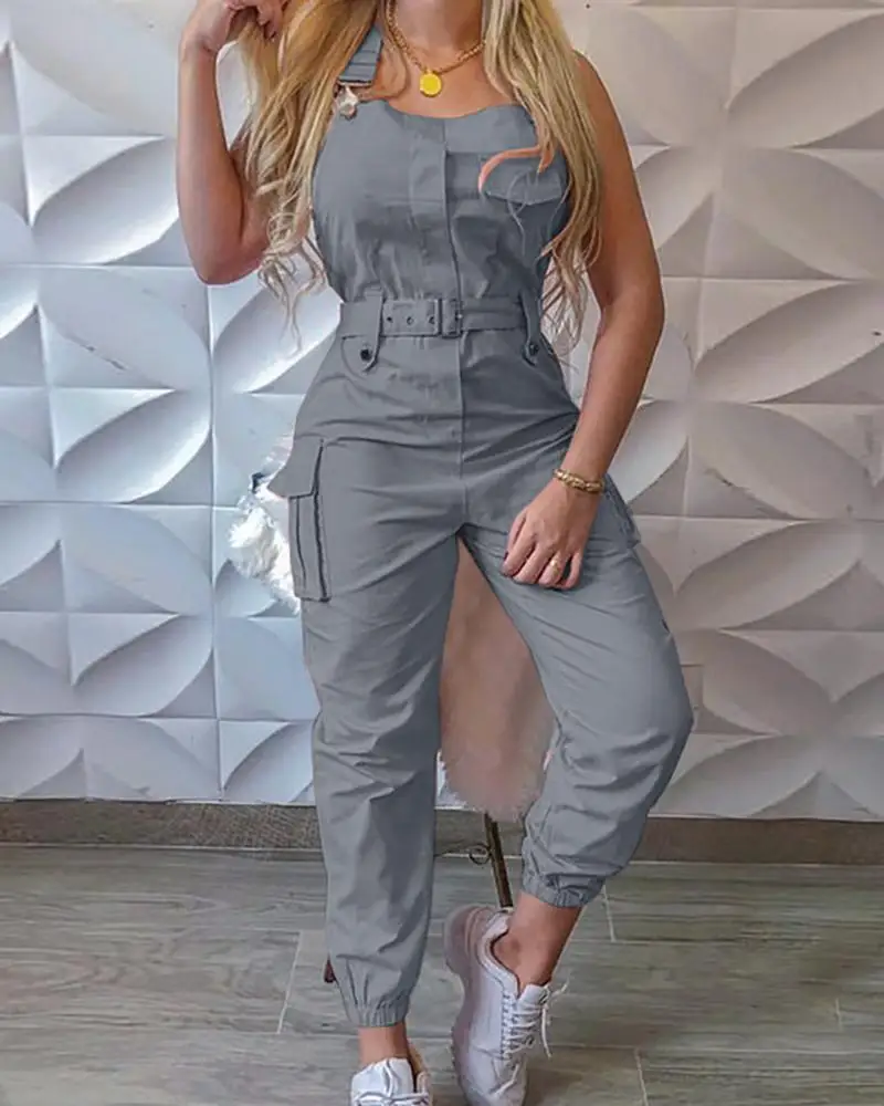 

Women Sexy Sleevess Strap Jumpsuit Long Rompers Loose Dungarees Pocket Cargo Pants Female Summer Solid Casual Work Out Playsuits