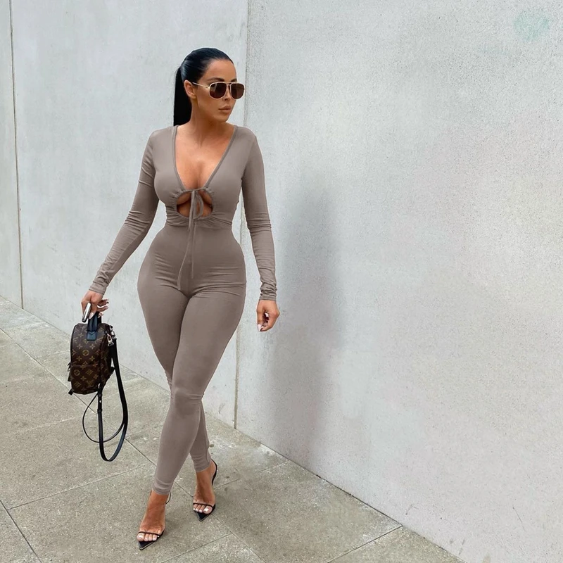 

TNNAOFF Popular Solid Stretch Bodycon Jumpsuit for Women Fall Sexy Long Sleeve Hollow Bandage One Piece Club Lounge Wear Rompers