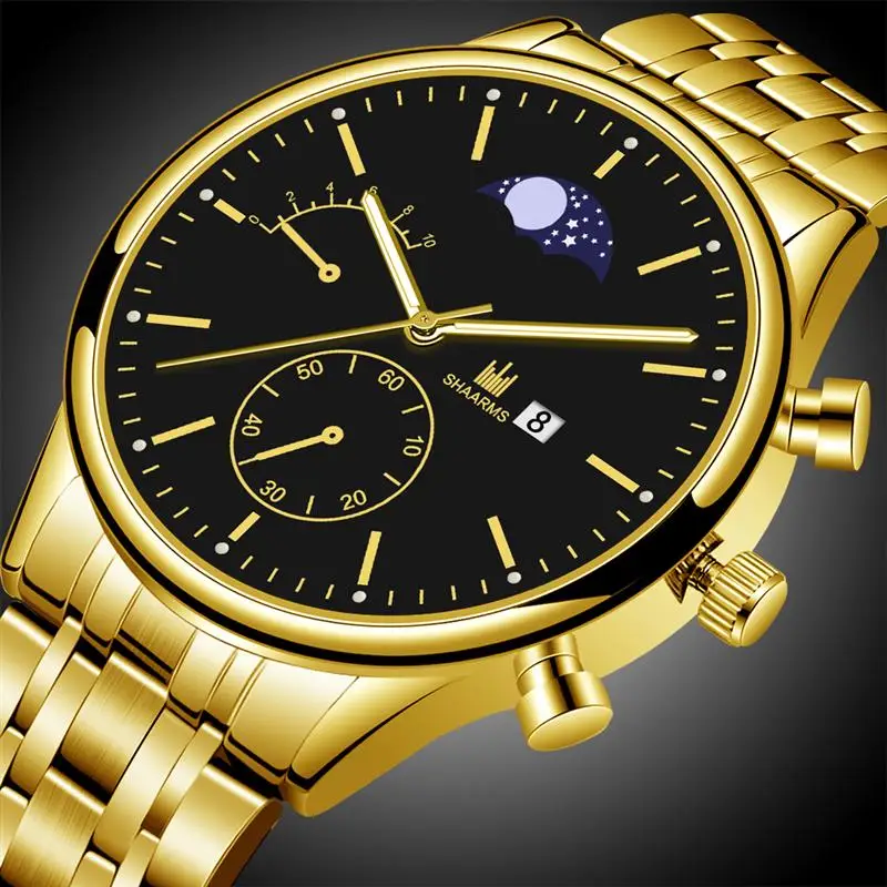 Мужские Роскошные часы SHAARMS из нержавеющей стали с золотым ремешком кварцевые