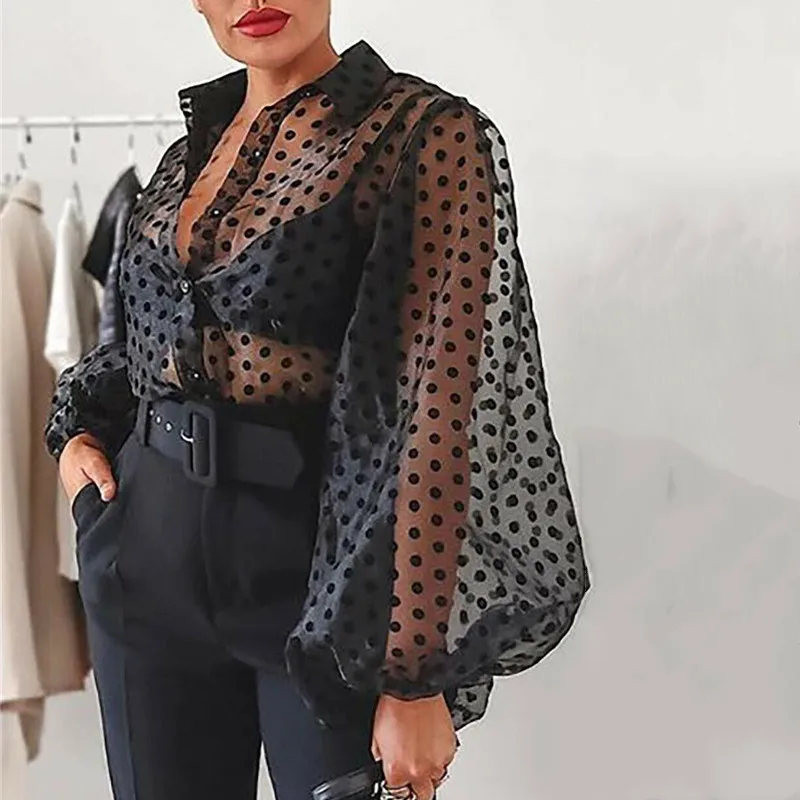 Блузка в горошек с пышными длинными рукавами для женщин блузка рубашка