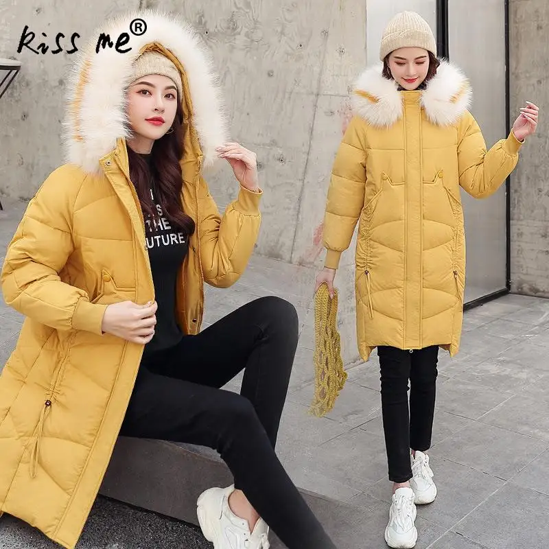 Стильное зимнее пуховое пальто средней длины однотонная теплая одежда с