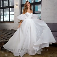 stunning white bridal dresses unique sweetheart puff sleeves pleats plain ball gown corset wedding dress
