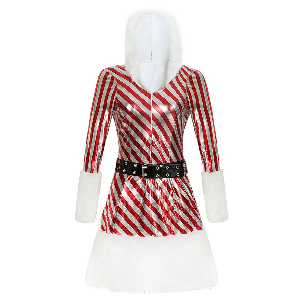 

Christmas Dress Cosplay Women Retro Party Hooded Striped Dress Short Sleeve Tunic Casual Woman Dresses Vestidos