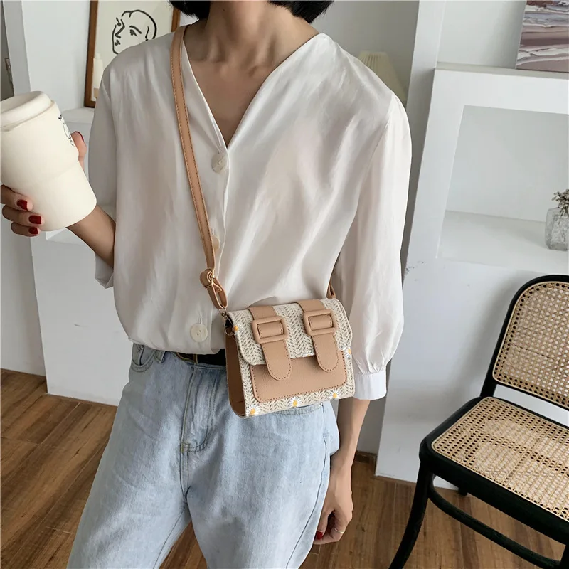 

Summer Women Mini Crossbody Shoulder Bag Straw Plait Pack Beach Square Cambridge Bag Braid Daisy Messenger Bag