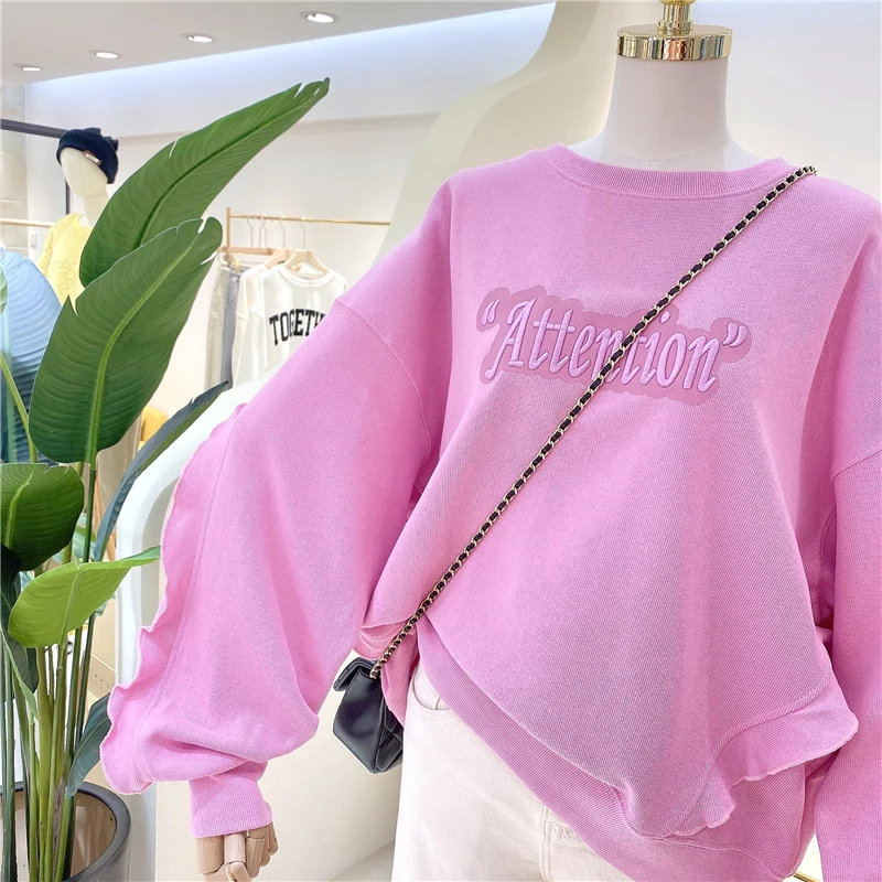 

2021 Spring Autumn New Embroidered Letter Ruffle Sleeve Printed Hoodie Women's Loose Oversized Long Sleeves Pullover Sweatshirt