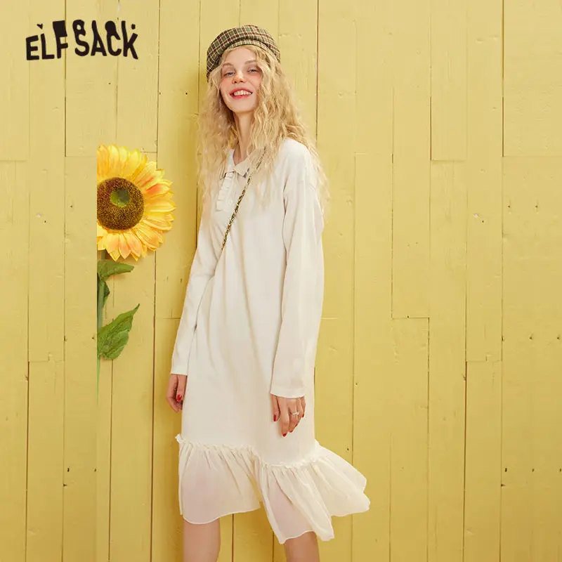 Женское шифоновое трикотажное платье ELFSACK белое однотонное лоскутное с оборками
