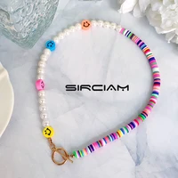 korean rainbow smile face imitation pearl asymmetry beaded necklace for women soft pottery clay bead choker summer girls jewelry