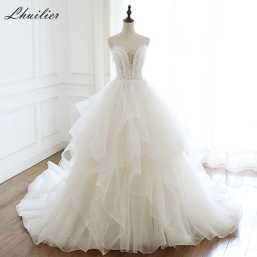 

Lhuilier A-line Ruffled Tulle Wedding Dresses Elegant Spaghetti Straps Floor Length V-neck Ruched Sleeveless Bridal Dress