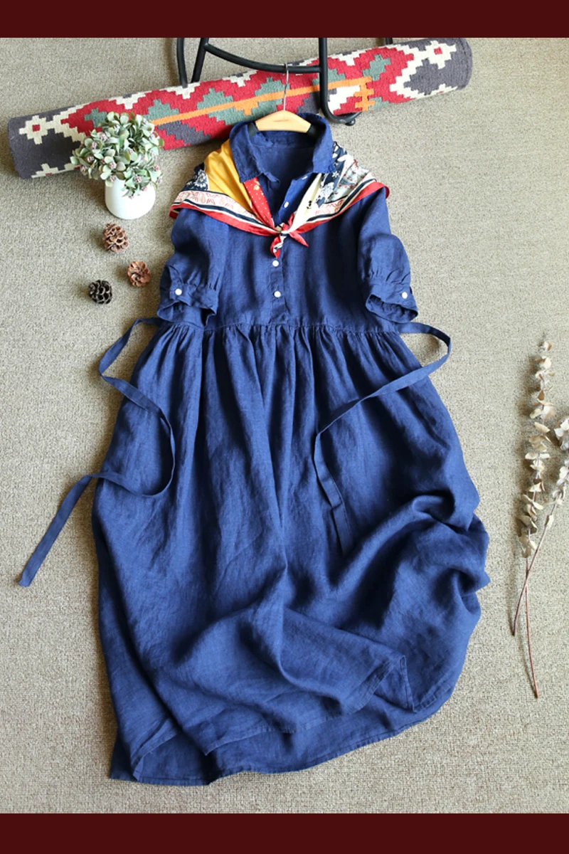 

Summer New Women Mori Girl Simple Elegance Vintage Loose Comfortable Skin Friendly Linen Blue Shirt Dresses W/h Belt