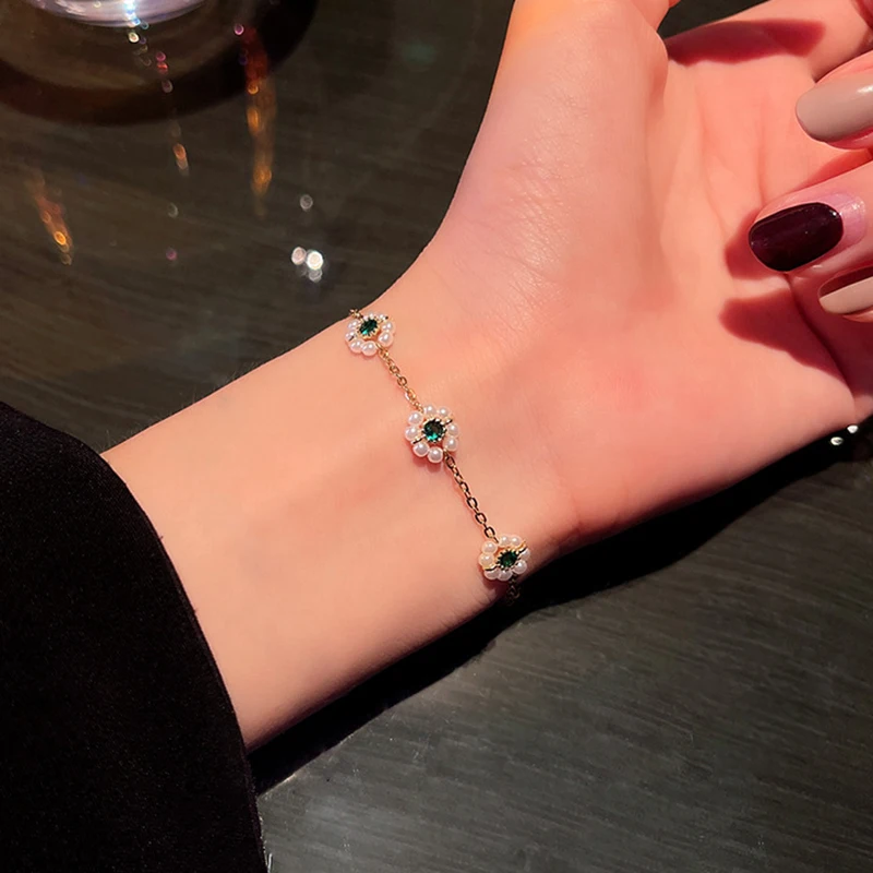 Женский браслет с жемчужинами позолоченный Изумрудный жемчуг 14 к | Украшения и