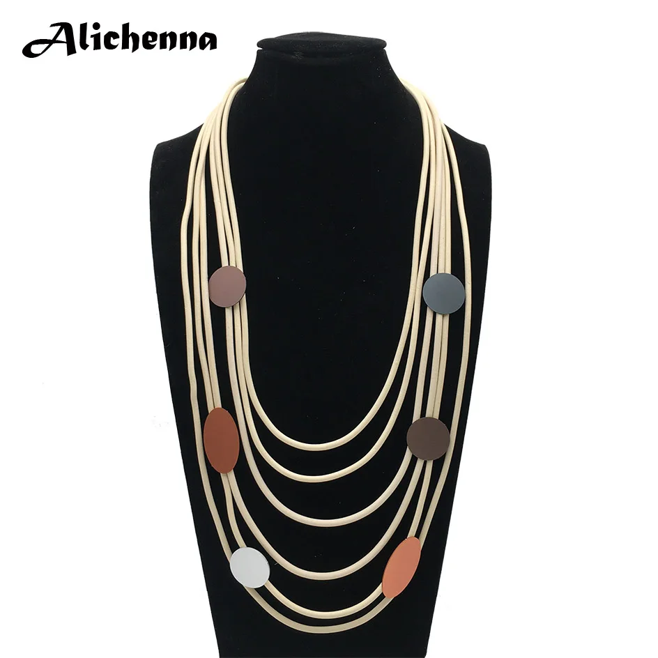 

Ожерелье женское из круглого алюминиевого листа, аксессуар ручной работы в стиле OL/панк, длинное ожерелье из резины и кожи