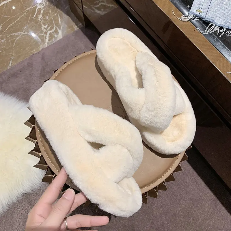 

Winter Women House Slippers Faux Fur Fashion Warm Shoes Woman Slip On Flats Female Slides Black Pink Cozy Home Furry Slippers