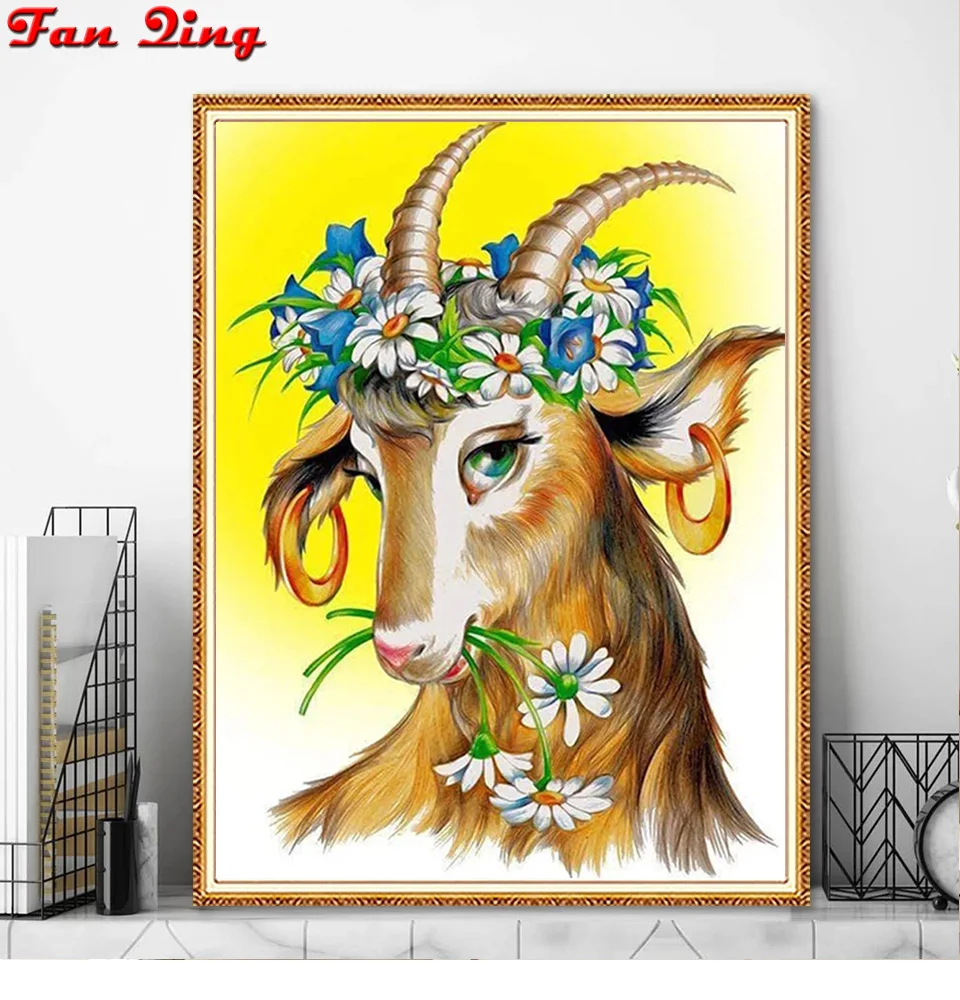 Full Diy Diamond Painting Kits Goat With Flowers 3D Cross Stitch Diamond Art Embroidery Diamond Mosaic Crafts Home Decor