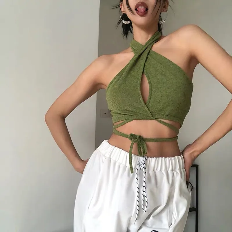 

Green Cropped Tank Top Women Summer Cyber Y2k Halter Baby Tee Aesthetic Hollow Out Lace Up Top Backless Blouse Sleeveless Vest