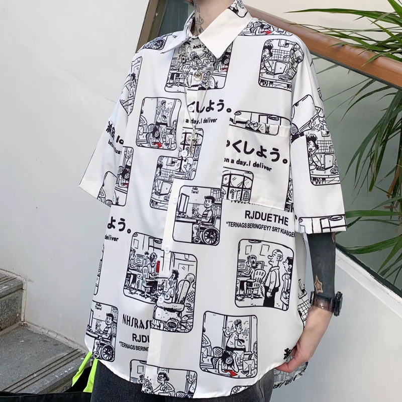 

Korean Retro Shirt Short-sleeved Women Blouse Loose Harajuku Cartoon Printed Men's and Women's Shirt Casual Summer Tops