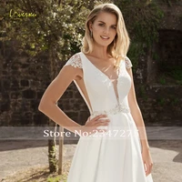 Loverxu Sexy Backless V Neck Satin Vintage Wedding Dresses 2020 Cap Sleeve Appliques Sashes Sweep Train A Line Bridal Gowns