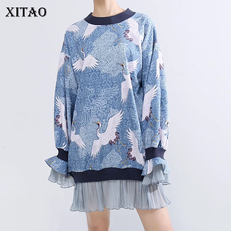 XITAO Платье с принтом женская одежда 2019 пэчворк длинный рукав пуловер винтажное
