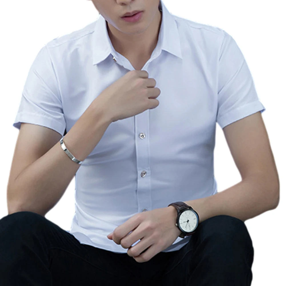 

Fashion With Short Sleeves Pure Color Large Size Men Shirt Short Sleeve Slim Fit Formal Men's White Shirt Business Male Social