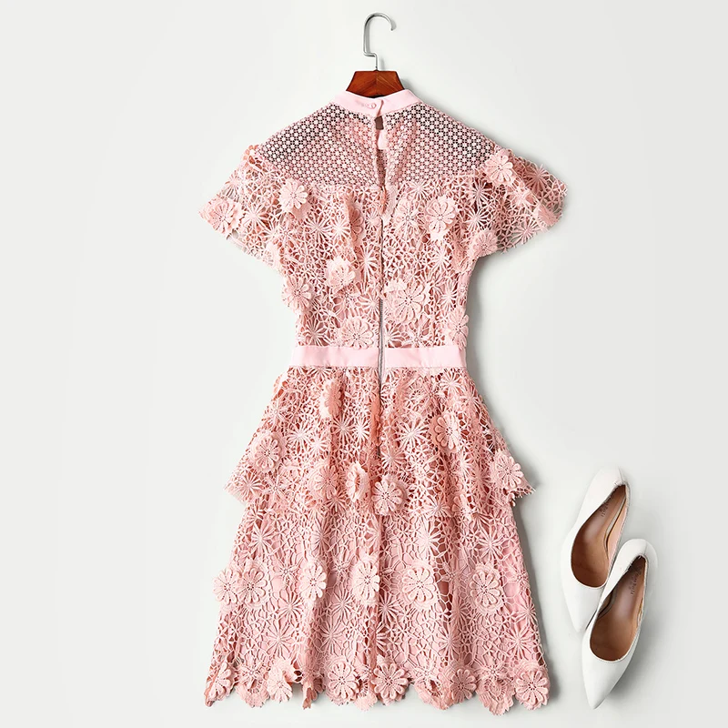 New women s high end European and American show pink flower lace hollow lotus leaf trim dress | Женская одежда