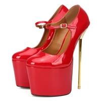 dress women pumps heels party shoes nightclub patent leather buckle strap 22cm thin high heels round toe waterproof shoes women