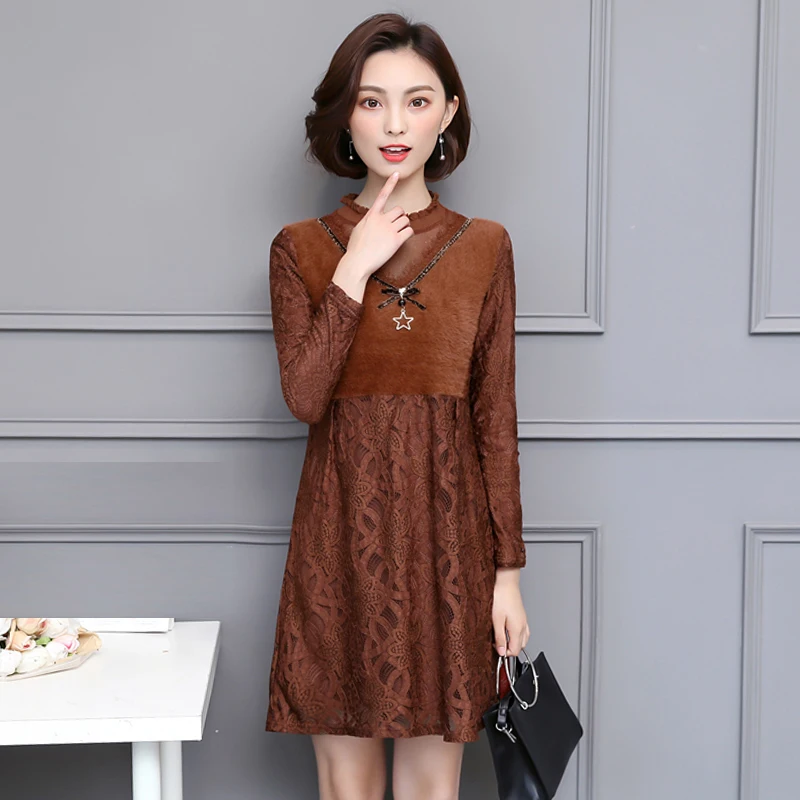 2020 New Hot Sale Round Neck Autumn Winter Dresses Female Clothing Pure Color O-Neck Padded Spliced A-Line Lace Dress OK1375 | Женская