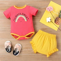 2pcs casual outfit suits newborn girls clothing pink top short sleeve cartoon rainbow print o neck romper yellow short pants