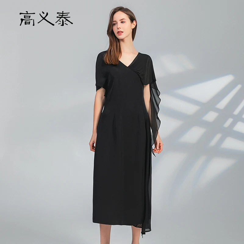

High End Simple V-Neck Asymmetrical Flying Raglan Sleeves Black Silk Woman Dress Office Ladies High Waist Long Dresses New AY050