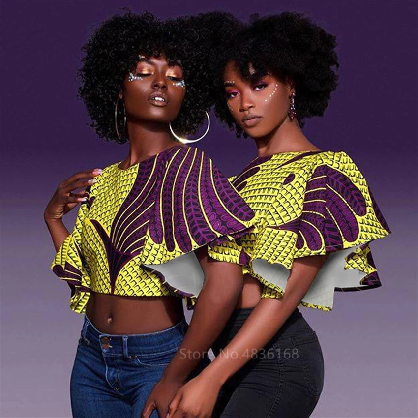 

Fashion African Clothes 2020 Summer Dashiki Sexy Ruffle Sleeve Tops Back Hollow Plus Size American African Dresses for Women