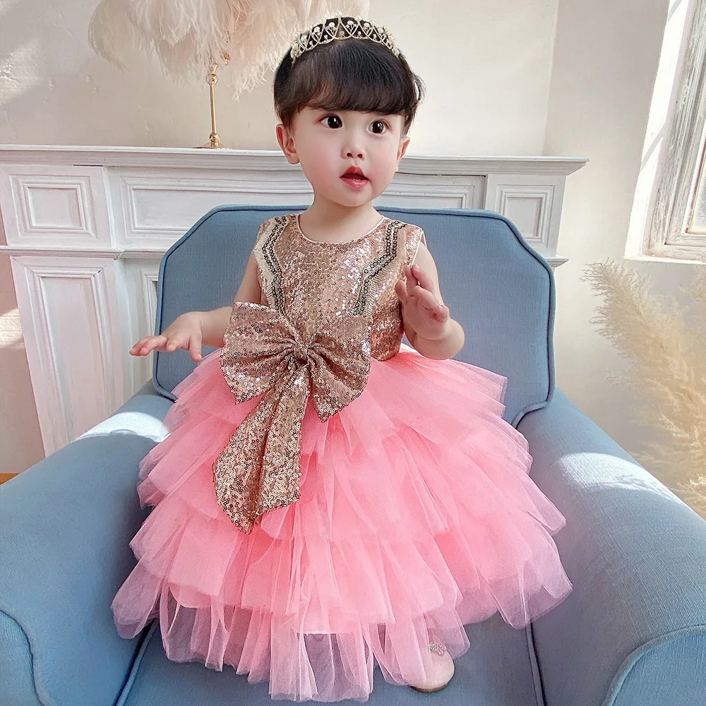 

2021 Summer Dresses New Hot Sale Girls Birthday 1 Year Old Dress Baby Bow Sequin Princess Dress Girl Tutu Pink Dress 0-5 Years