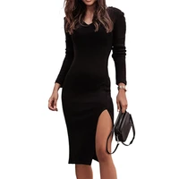 christmas casual dresses for women 2021 autumn slim waist tight polyester bodycon ribbed slit knitted dress for party