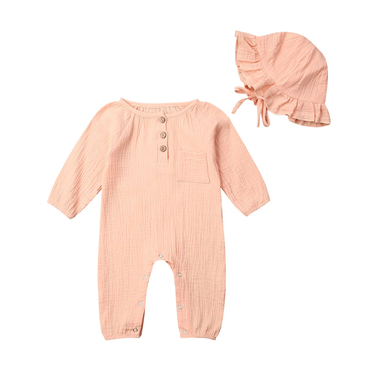 

2019 New Cotton Pocket Romper Jumpsuit Hat Toddler Baby Girl Boys 2pcs Autumn Clothes 0-24M