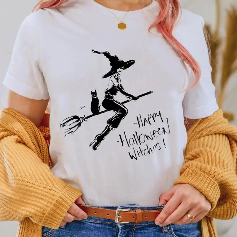 

Halloween Cat Witch Funny Love Fall Thanksgiving Women Autumn T Top Print Cartoon Shirt Female Fashion Tee Graphic T-Shirts