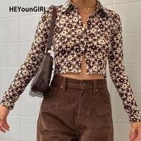 heyoungirl brown vintage long sleeve tee shirt women casual cropped tops tees fashion button up t shirt spring streetwear