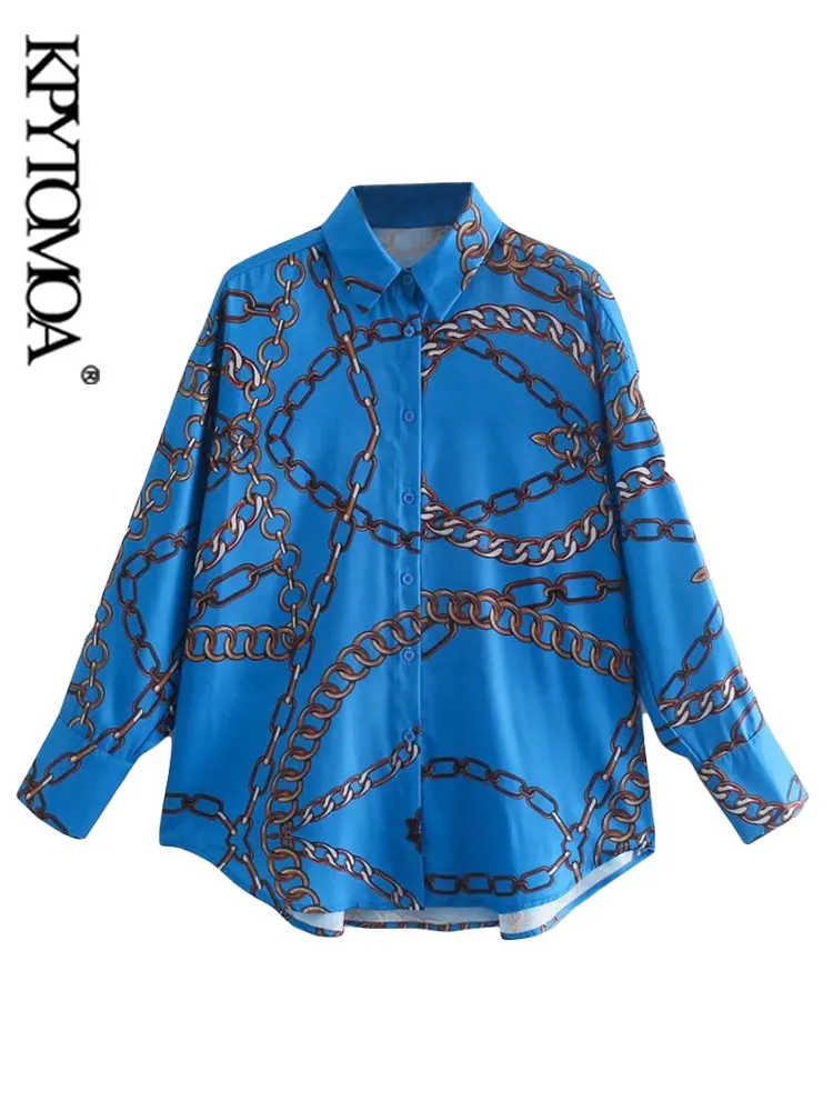 

KPYTOMOA женские модные свободные блузки с принтом цепей винтажные женские рубашки с длинным рукавом на пуговицах Блузы шикарные топы