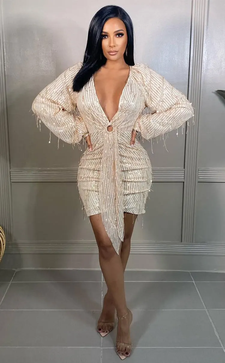 

Sweet Holiday Girls Night Club Women Dresses Free Shipping Lady Dresses 2022 Hot Recommend Style Deep V Neck Long Sleeve Tops