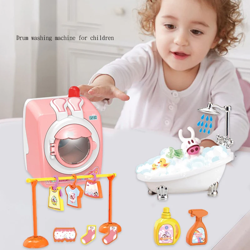 

Children'S Washing Machine Toy Set Drum Electric Rotatable And Water Can Wash Clothes Simulation Play House Toys