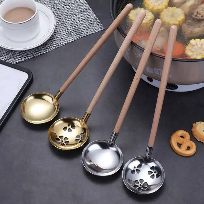 

Japanese Stainless Steel Soup Scoop Colander With Wooden Long Handle Soup Ladle Spoon For Home Utensil Kitchen Gadget