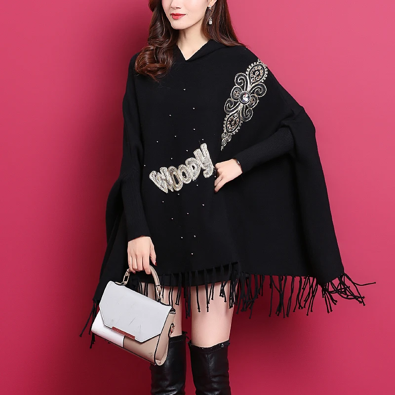 

ZJZLL Wholesale Turtleneck Crochet Lady Loose Sweater Coat Knit Cape Embroidery Wrap Pullover String Sequined Women Poncho