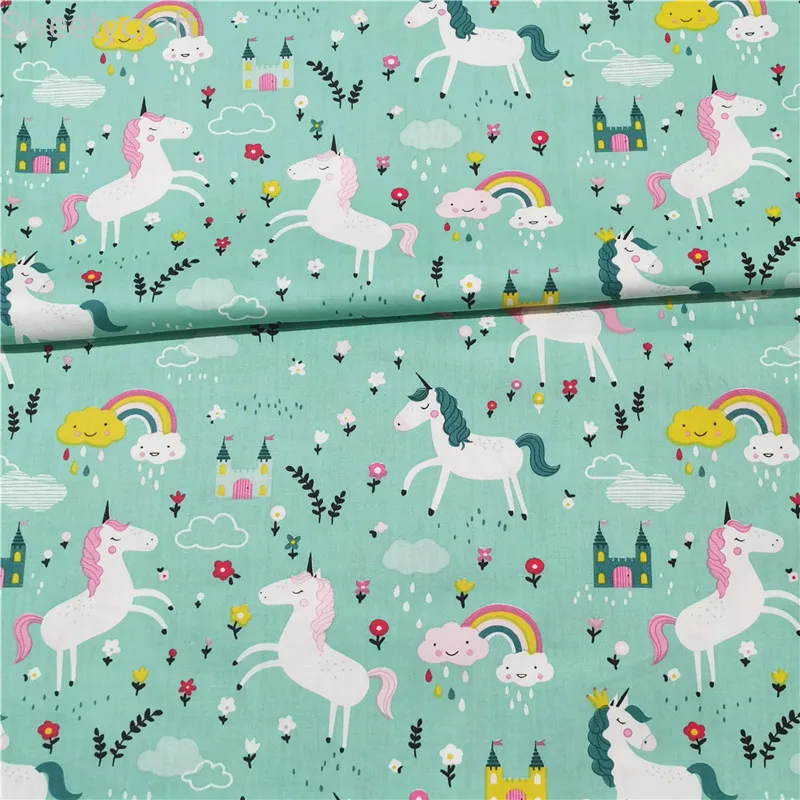 Хлопчатобумажная саржевая ткань с радужным принтом единорога 160x50 см Постельное